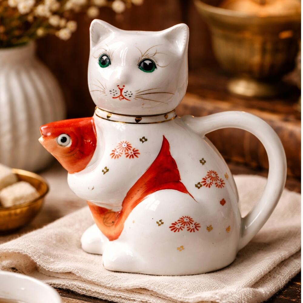 Vintage Cat & Koi Porcelain Teapot | Mid-Century Porcelain Ceramic Hand Painted
